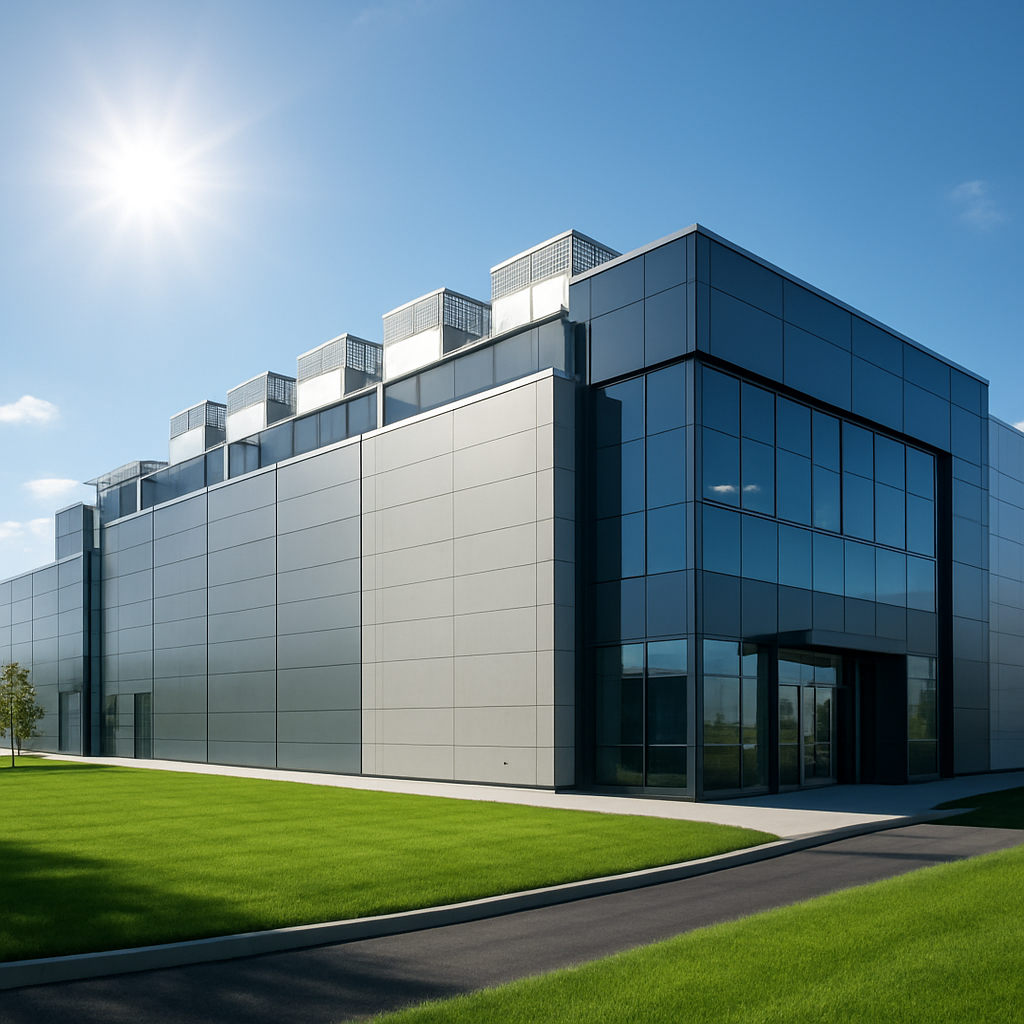 an outside image of a realistic newly build modern data center that looks clean high tech and shows the enviroment around it clean with green grass an-1