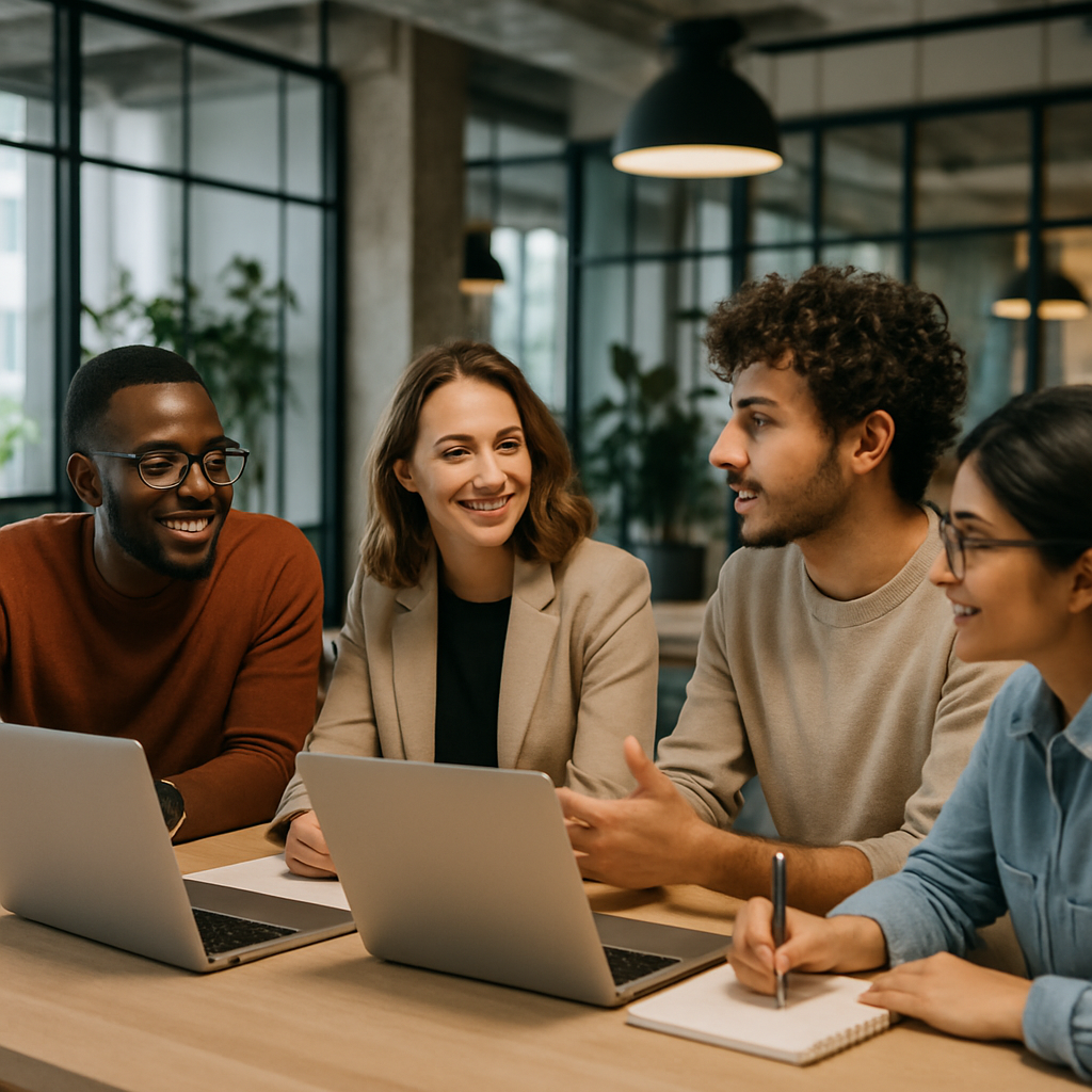 creative modern professinals sitting around a table in a modern workspace collaborating-1